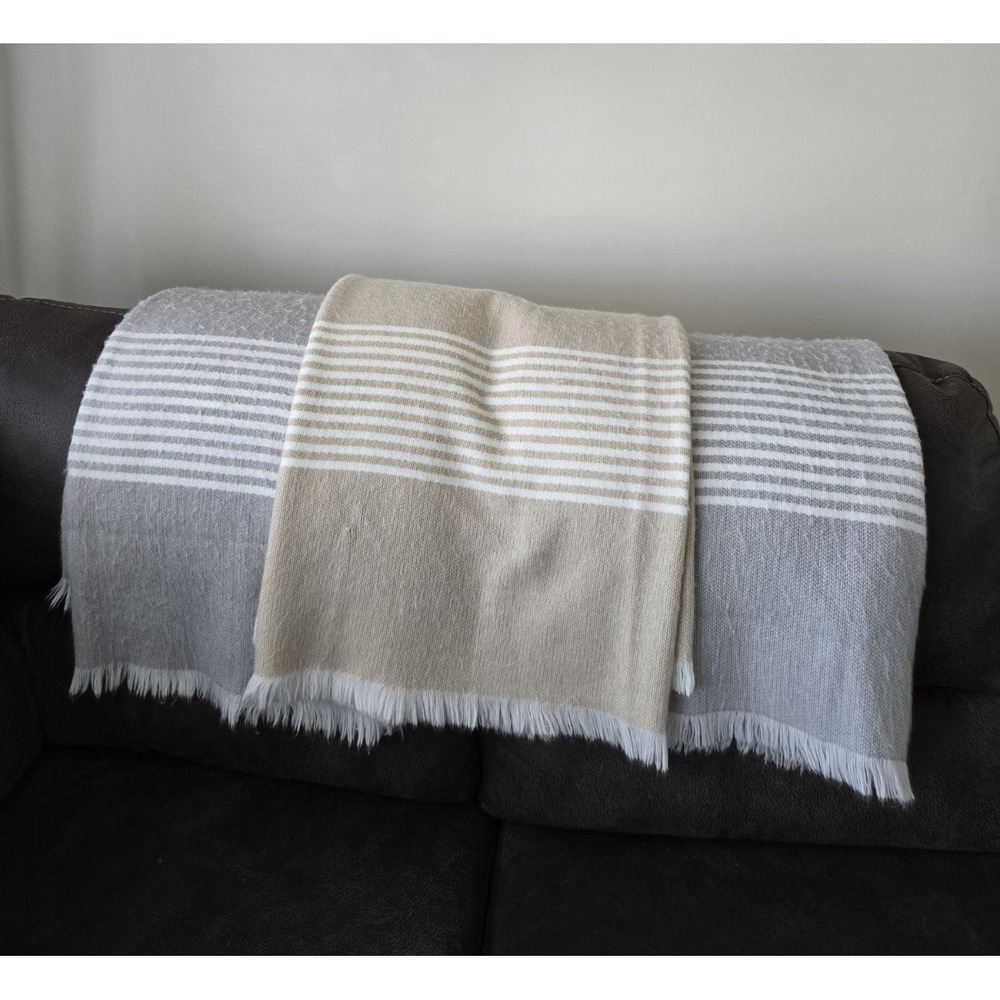 Lot Of 3 Pottery Barn Modern Fringe Farmhouse Striped Throw Blankets 50"x 60"